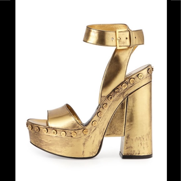 Tom Ford Women's Gold Metallic Ankle-Wrap Plataform Sandal Size 38.5 - Picture 3 of 11